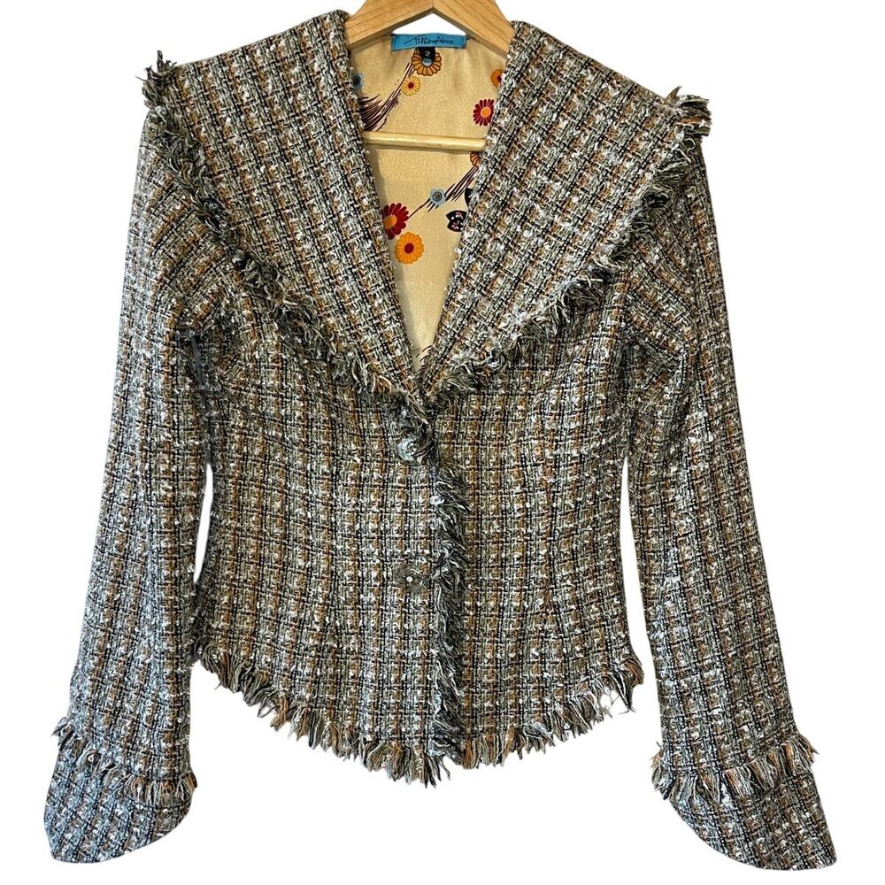Tiffany Alana Y2K Brown Gold Tweed Fringe Feminine Preppy Button Up Blazer 2 Med